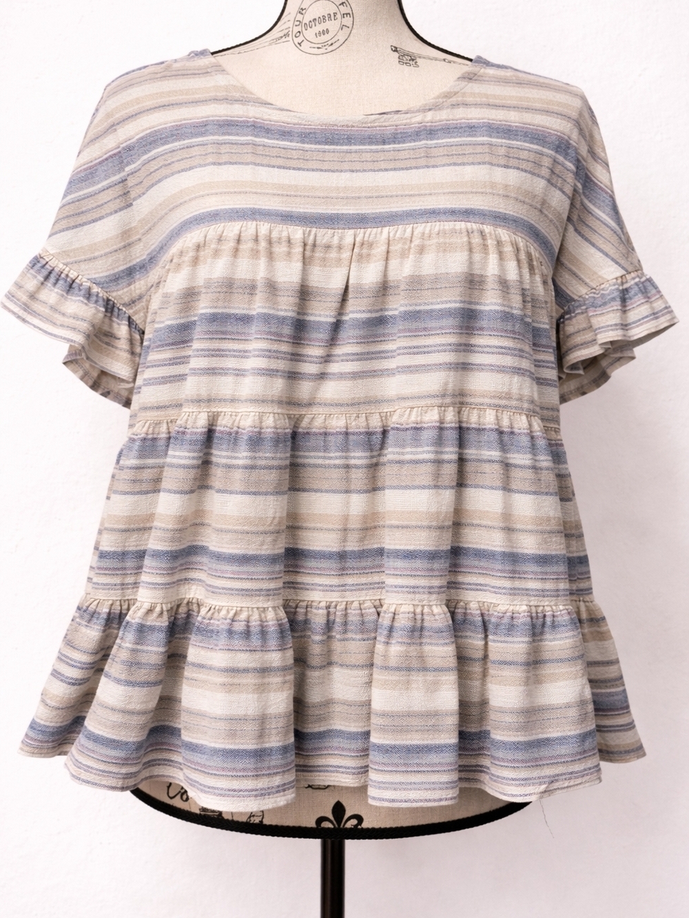 Striped Ruffle-Tier Peplum Tunic - Blue & Cream